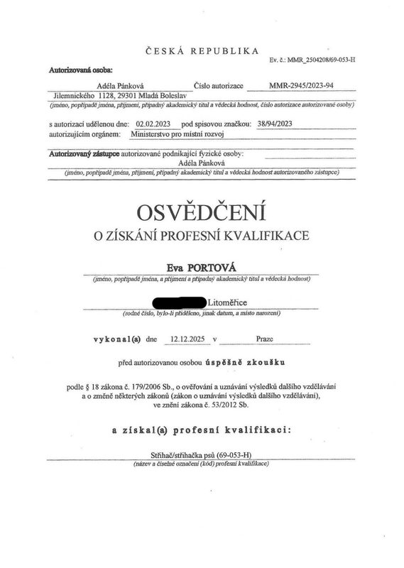 Certifikát o absolvování kurzu péče o srst psů